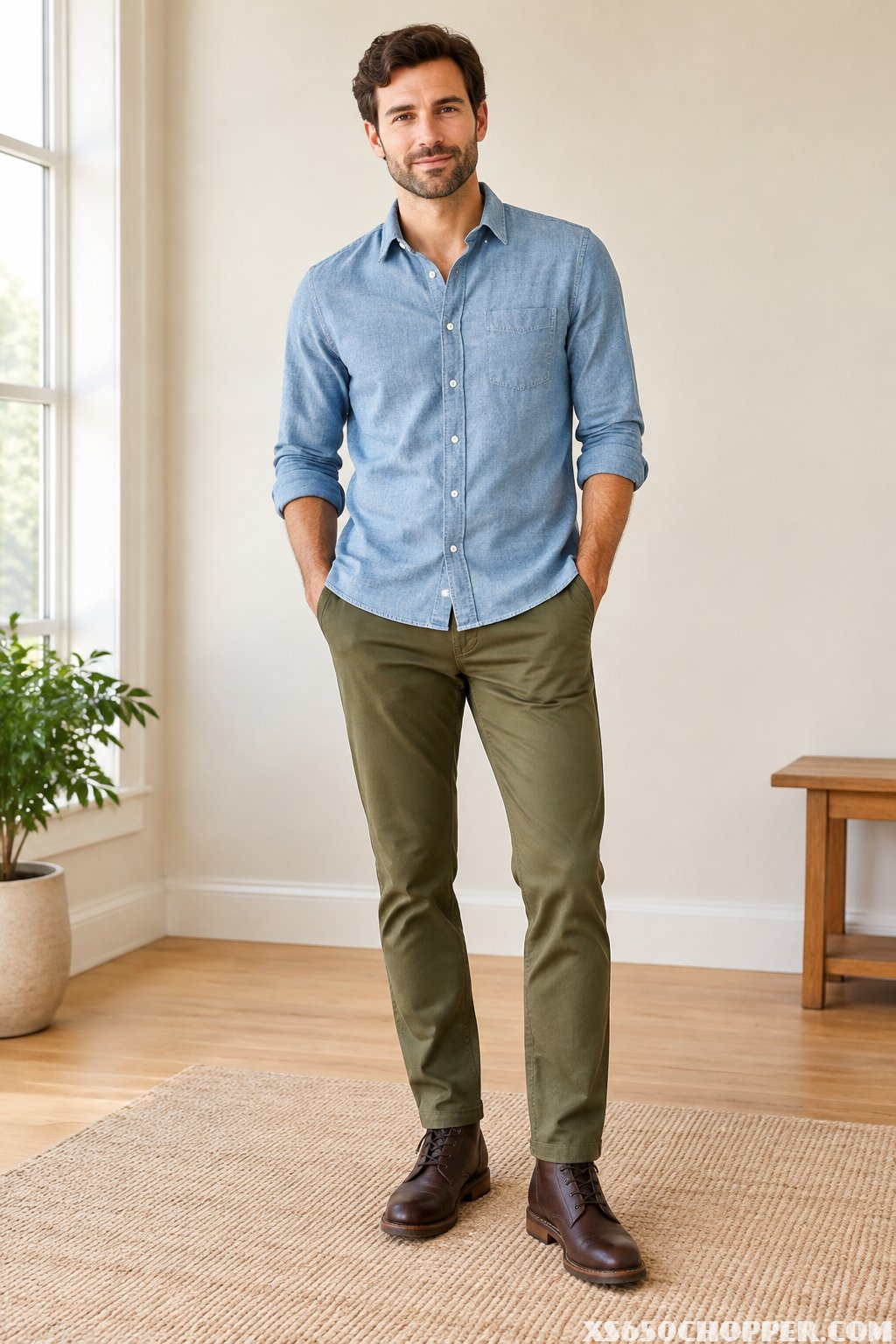 A man wears a blue shirt, olive chinos, and brown boots.