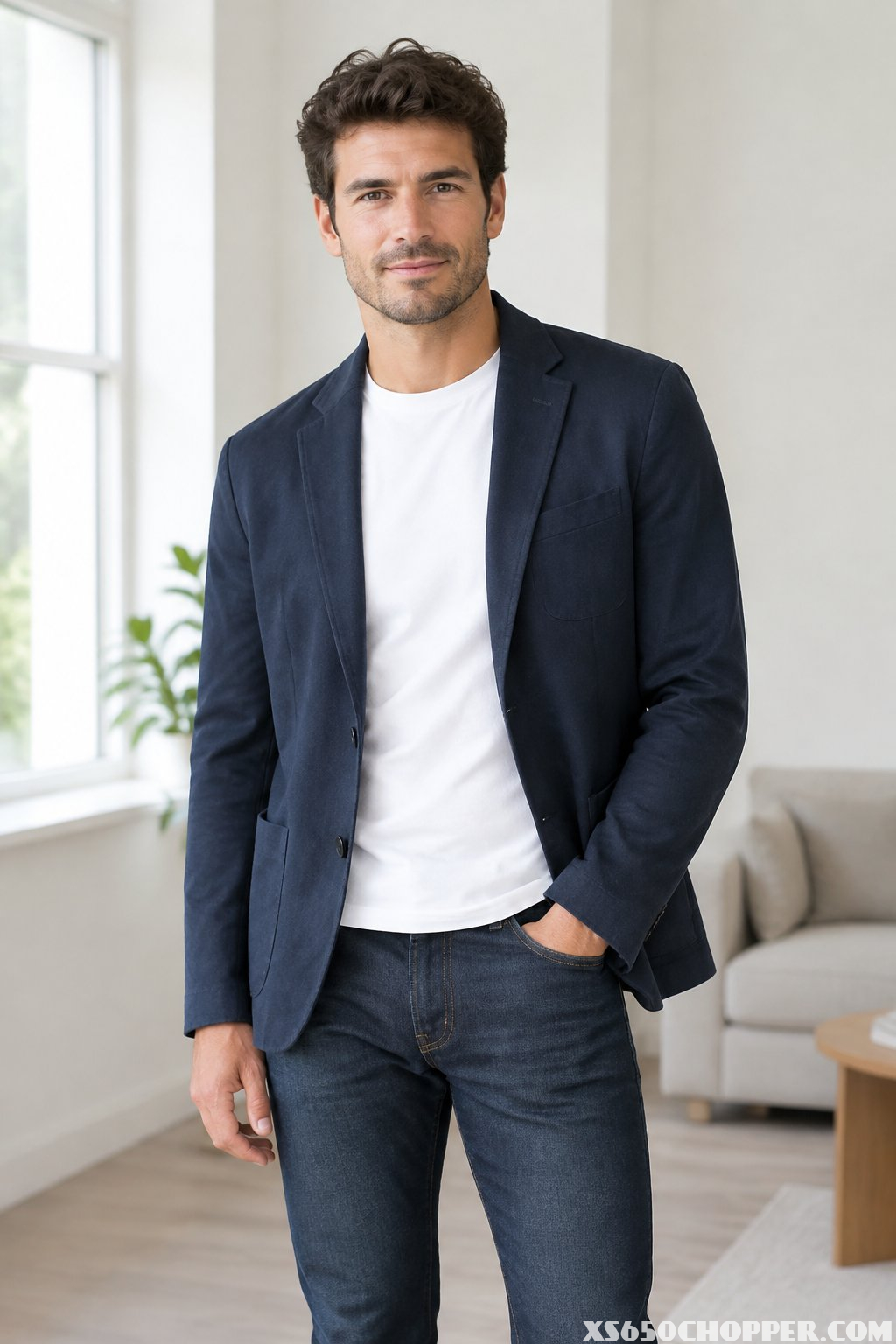 A man wearing a white T-shirt, navy blazer, and dark jeans.