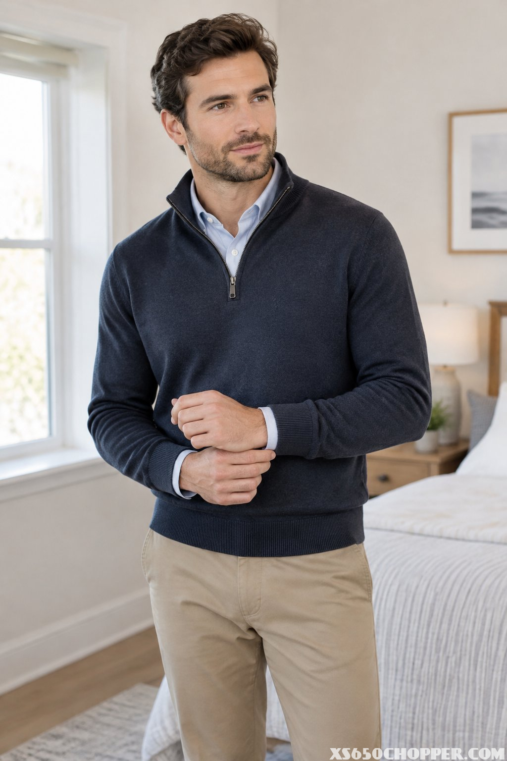 A man wearing a quarter-zip sweater over an Oxford shirt with tailored chinos.