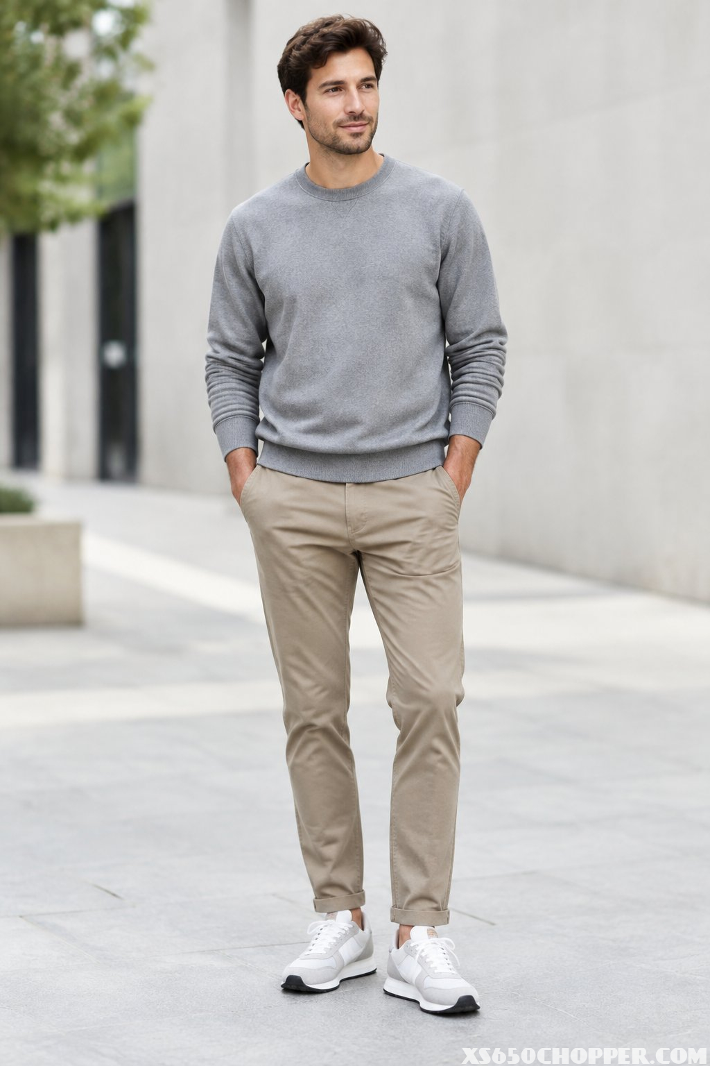 A man wearing a gray sweatshirt, tapered chinos, and sneakers.