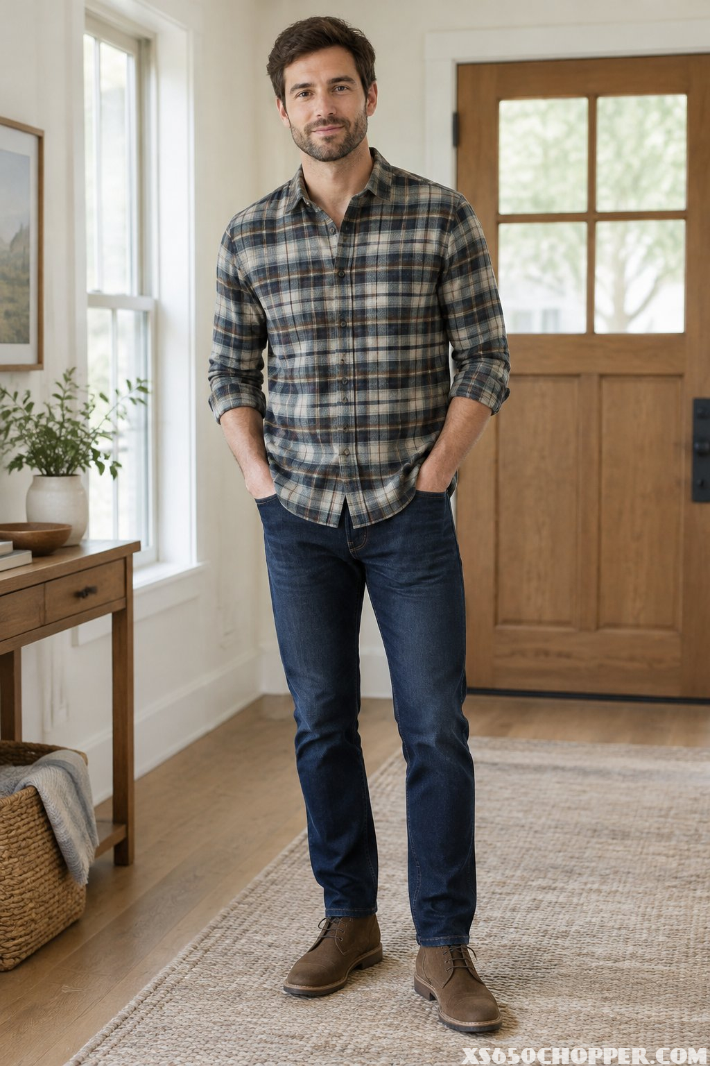 A man wearing a plaid shirt, dark jeans, and suede boots stands in a home entryway.