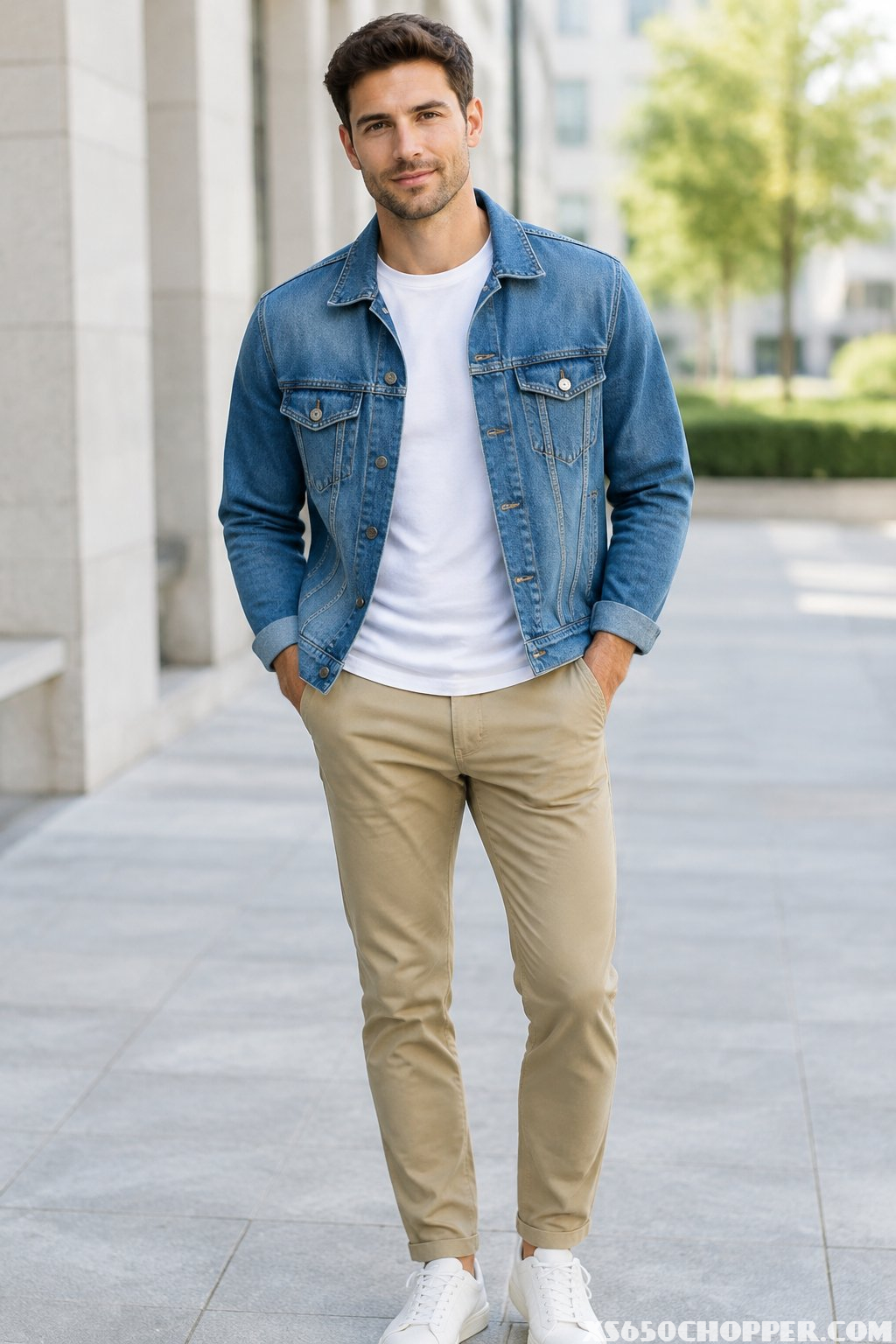 A man wears a blue denim jacket, white T-shirt, and khaki chinos.
