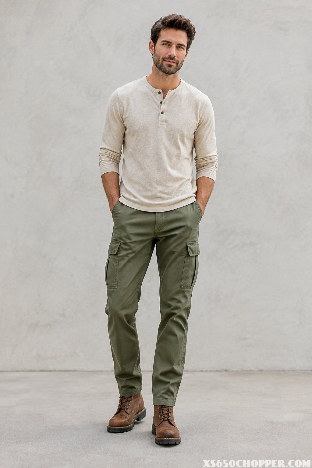 A man stands wearing a Henley shirt, olive pants, and brown work boots.