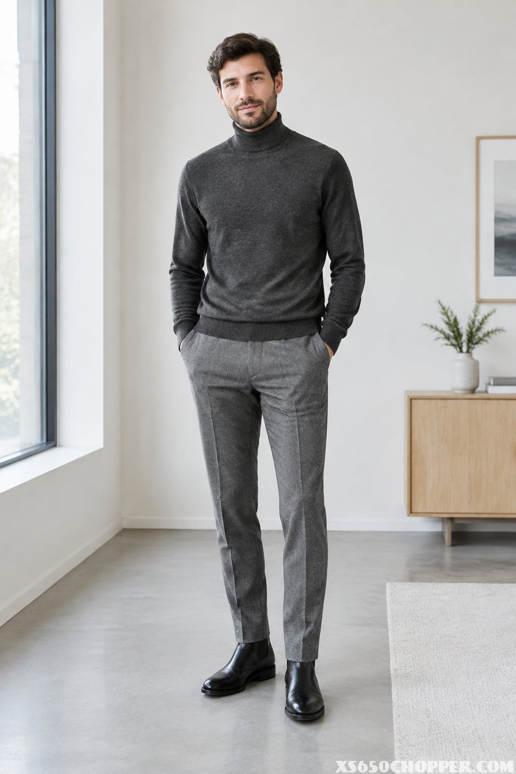 A man wearing a charcoal turtleneck, gray trousers, and black Chelsea boots.