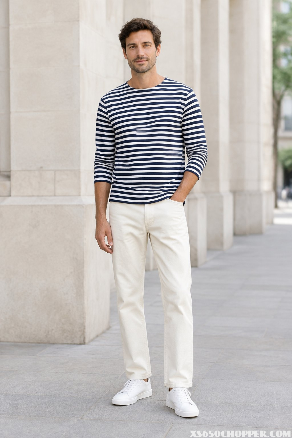 A man wearing a striped shirt, ecru jeans, and white sneakers.