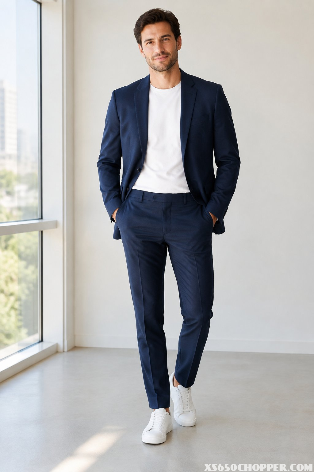 A man wearing a navy suit, white T-shirt, and white sneakers.