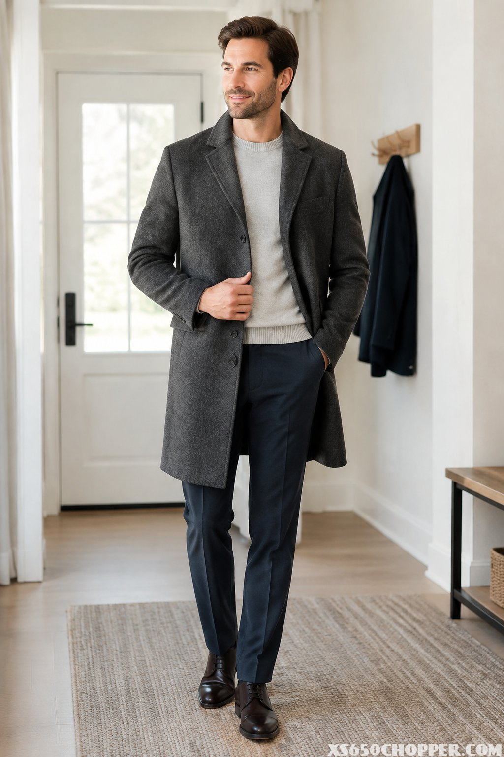 A man wearing a wool overcoat, sweater, and dark trousers stands in an entryway.