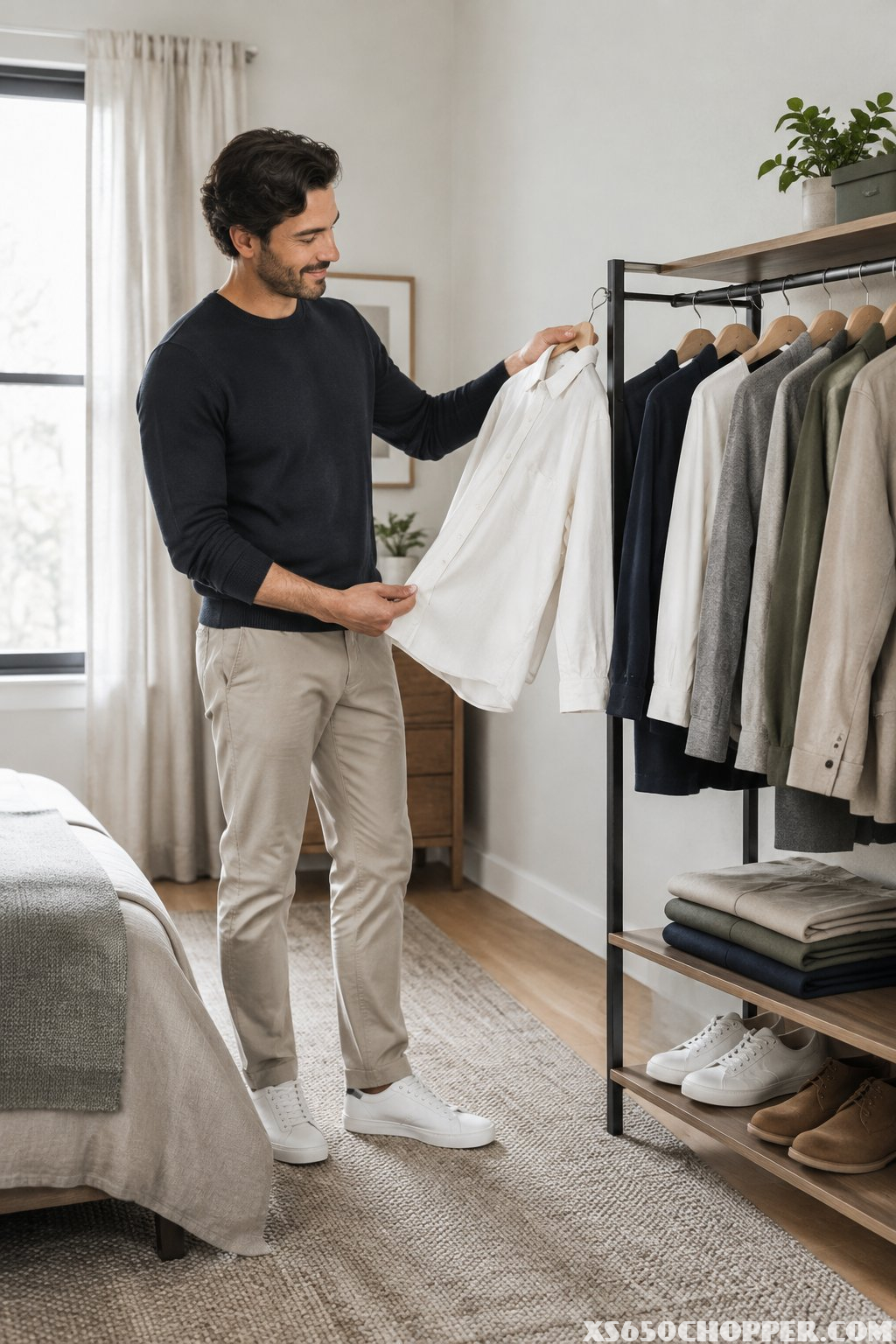 A man chooses a shirt from an organized wardrobe.