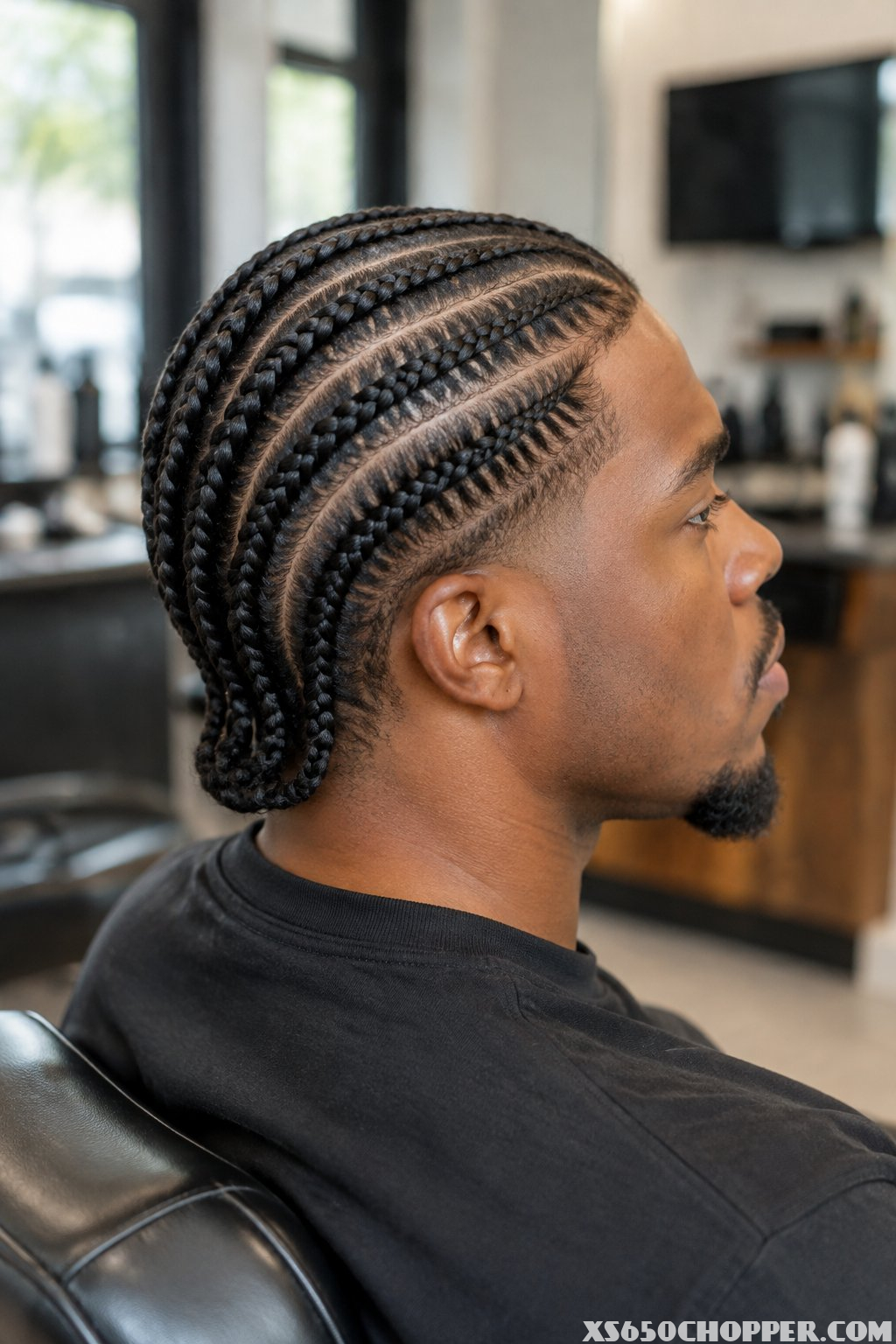 A man sits in a barbershop while the back of his head is visible.