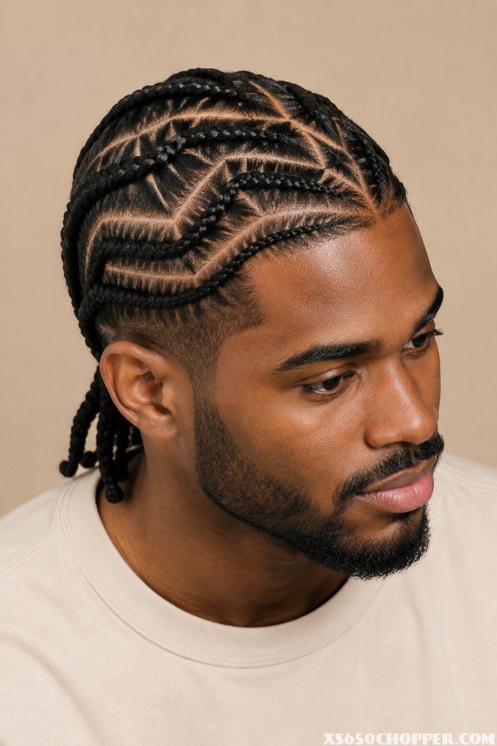 A man with braided hair poses against a plain background.