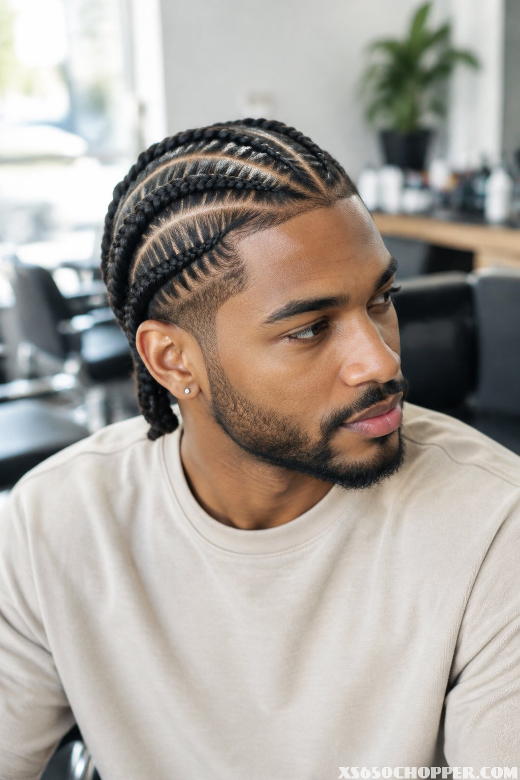 A man sits in a bright barbershop.