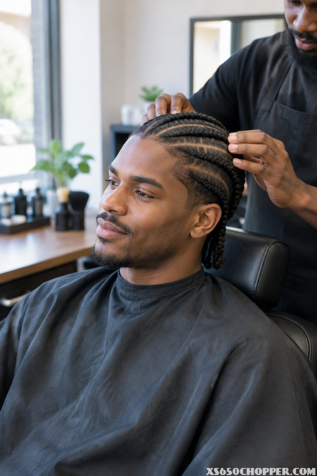 A man sits comfortably while a barber gently checks his braids.
