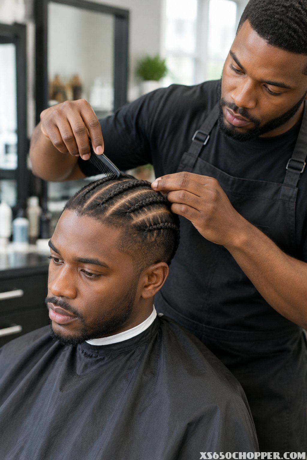 A barber braids a seated man's short hair in a barbershop.