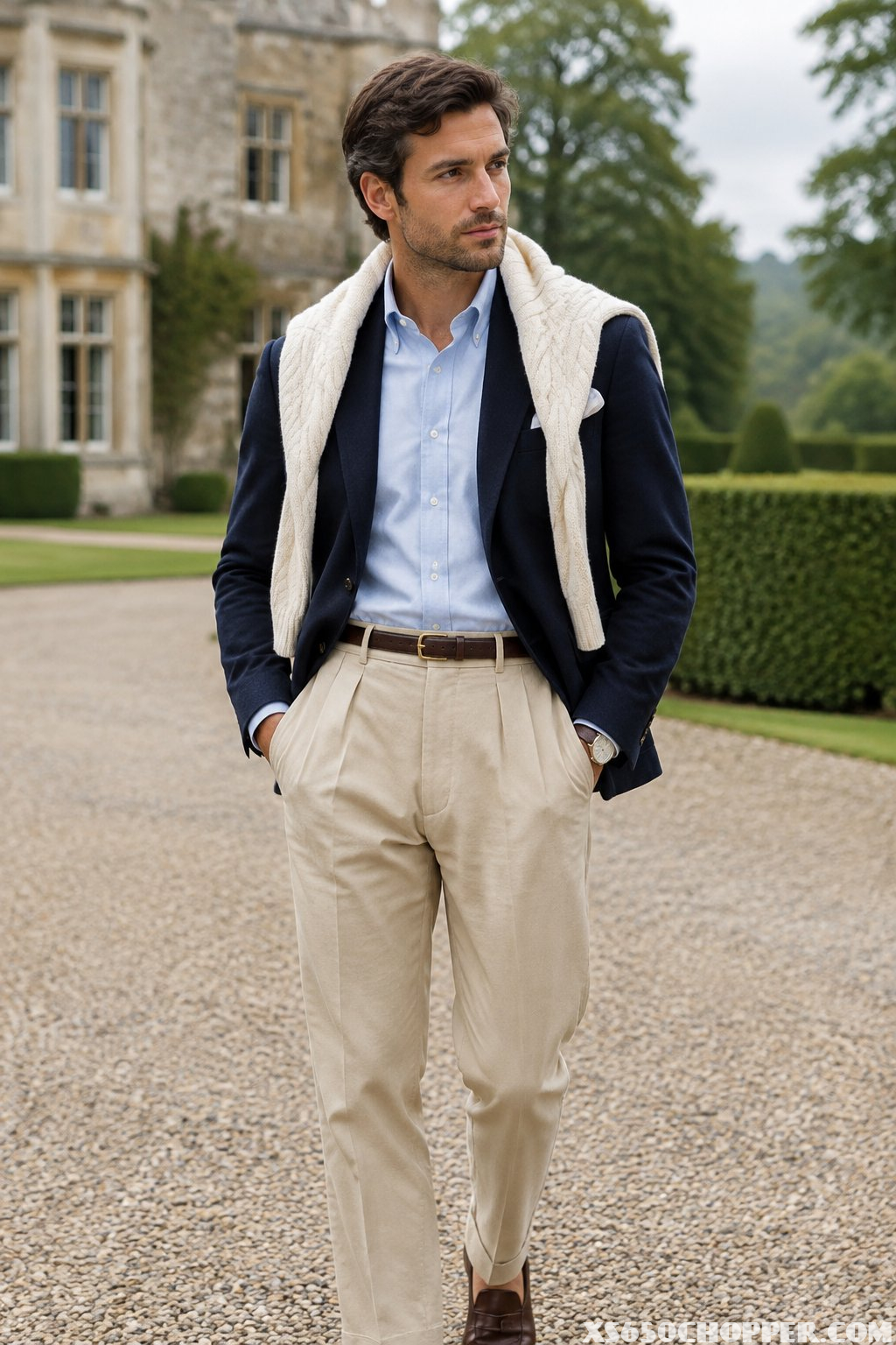 A man in classic clothing stands on the grounds of a country estate.