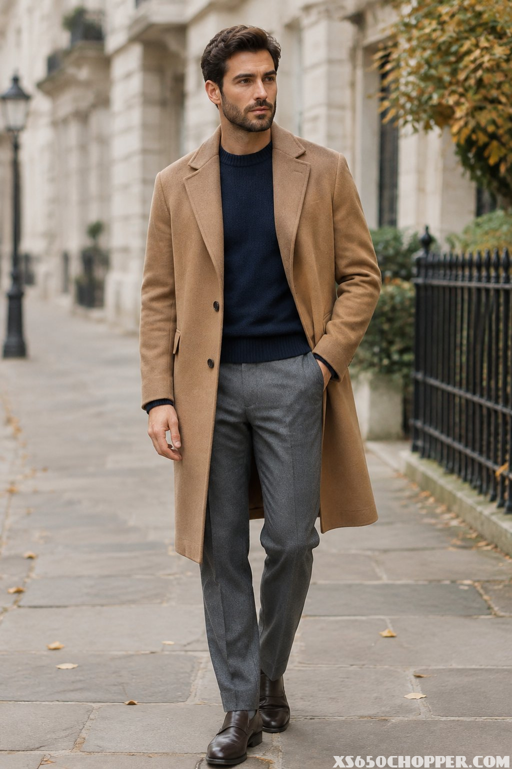 A man wearing a camel overcoat, navy sweater, and gray trousers stands on a city street.