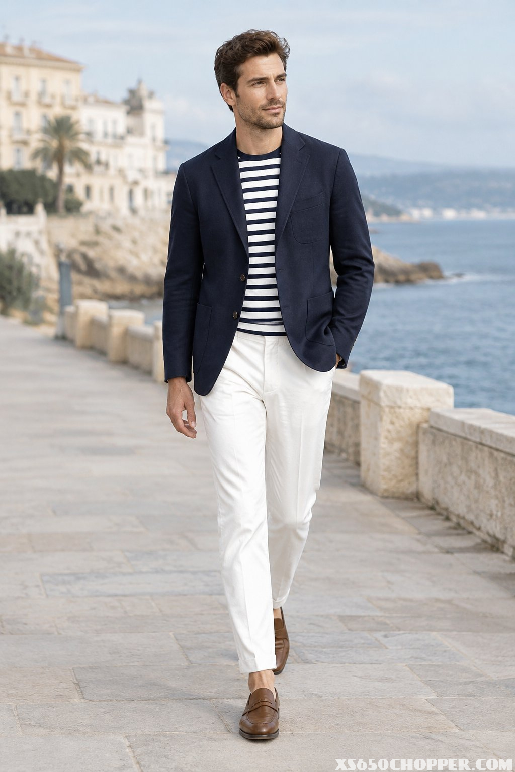 A man walks along a seaside promenade.