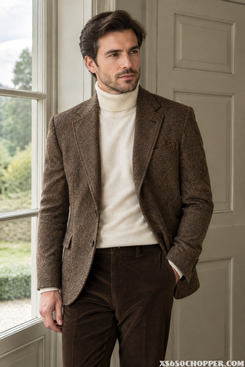 A man in a tweed jacket, cream turtleneck, and corduroy trousers stands indoors.