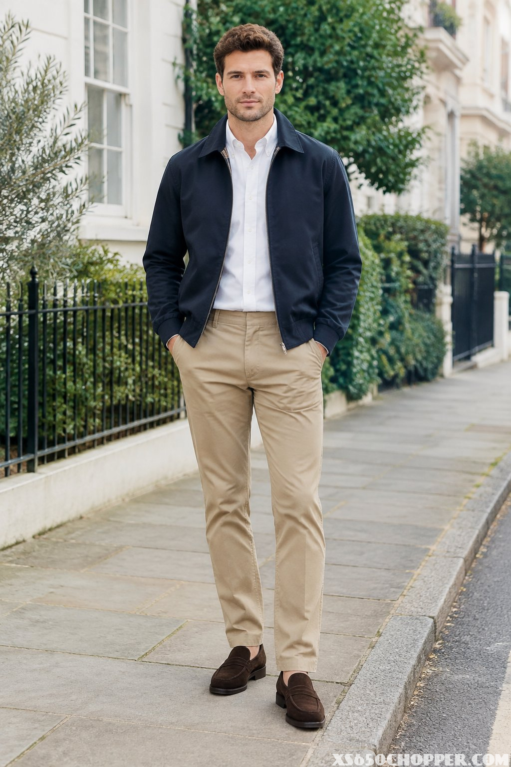 A man wearing a jacket, white shirt, and khaki pants stands on a quiet street.