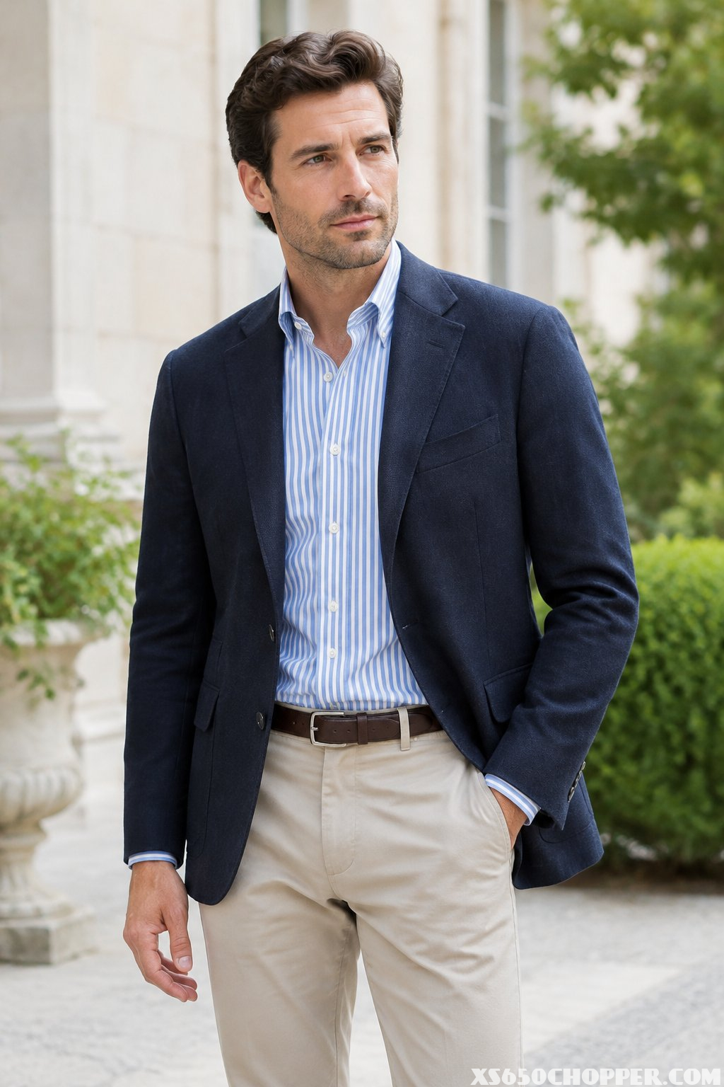 A man stands outdoors wearing a navy blazer, striped shirt, and light-colored trousers.