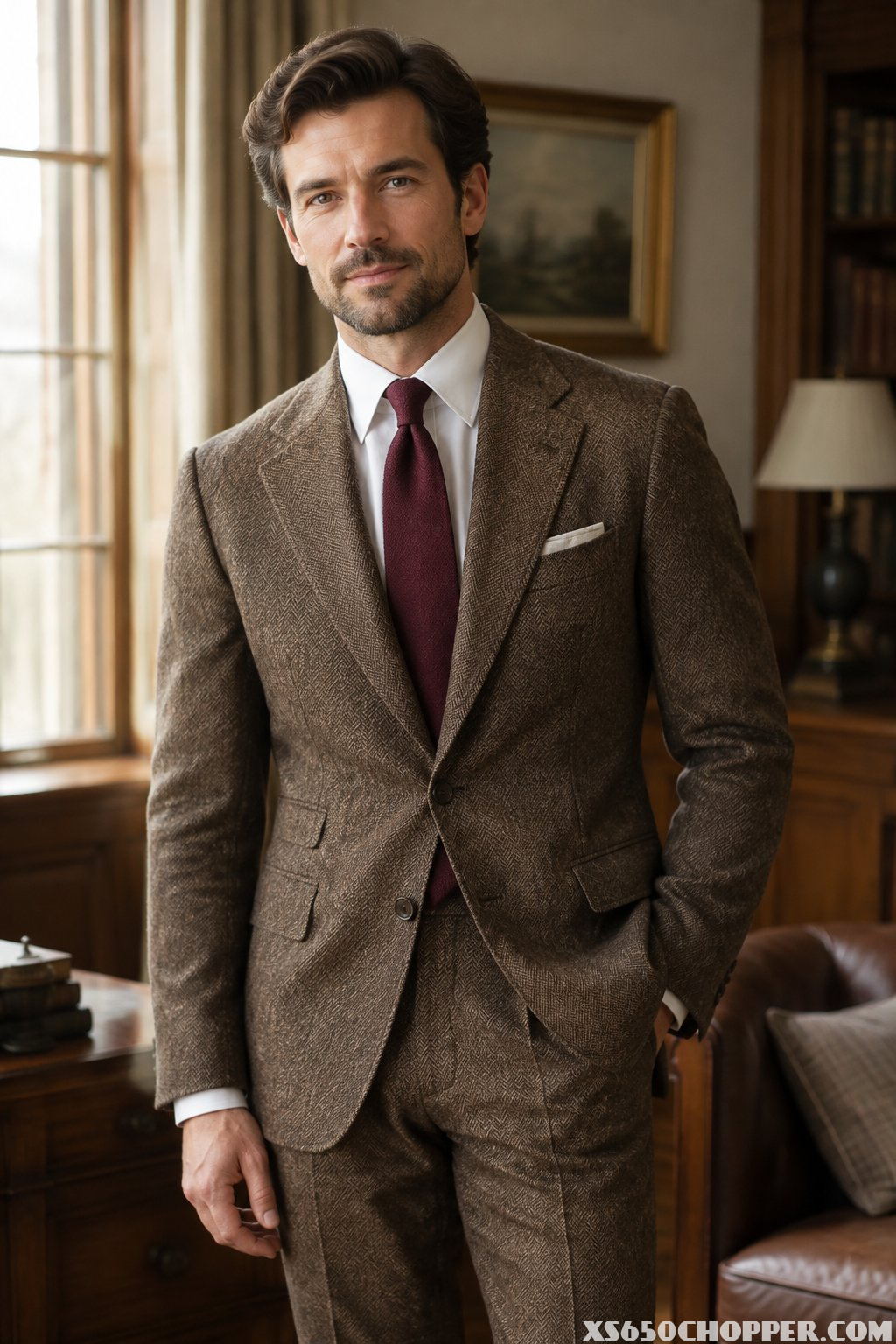 A man wearing a brown suit, white shirt, and burgundy tie.