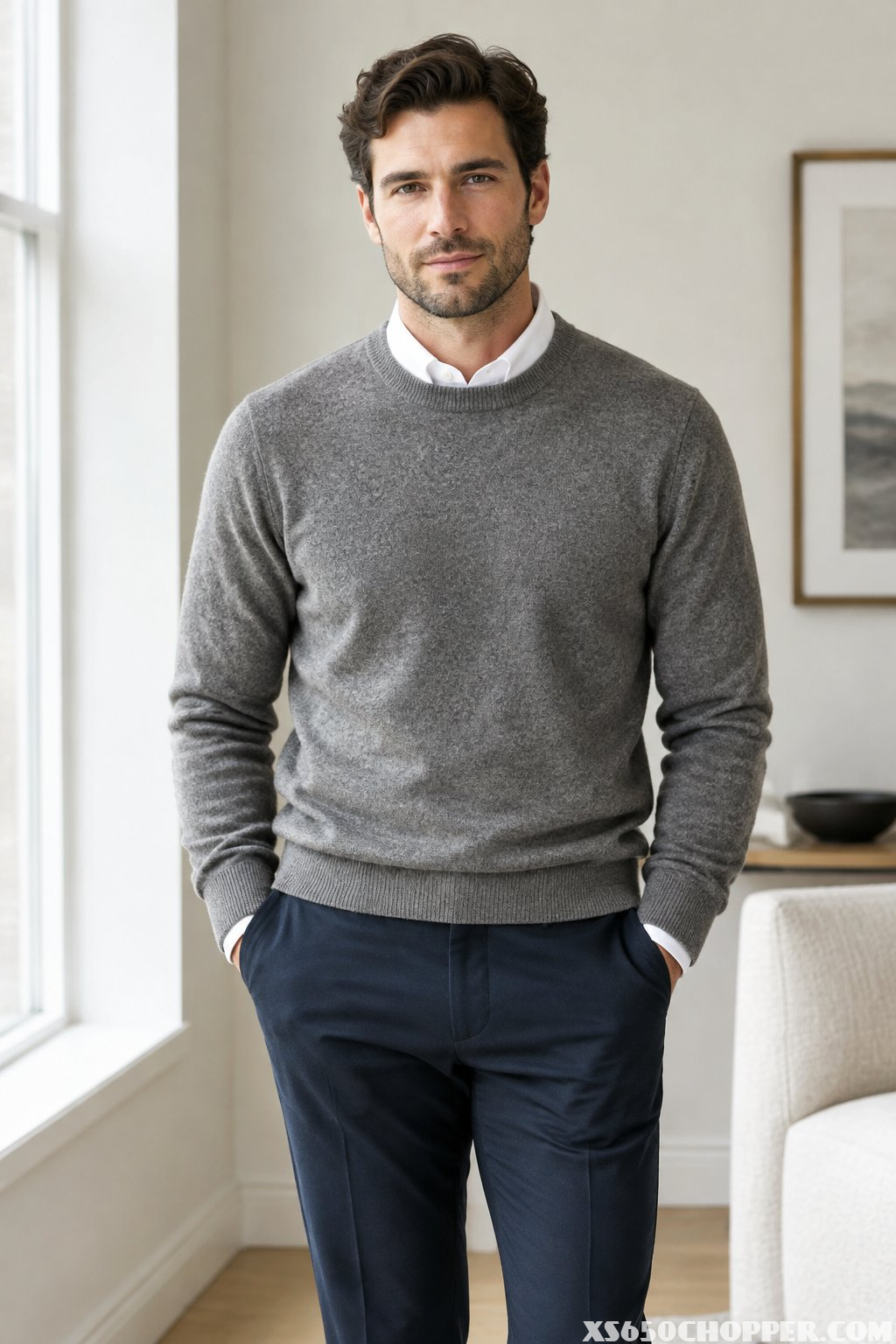 A man wearing a gray sweater over a white shirt with navy trousers.
