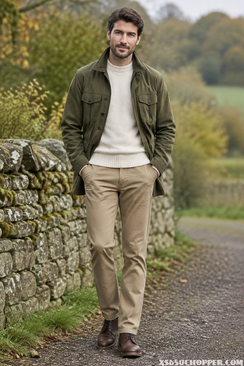 A man in an olive jacket, cream sweater, and tan trousers stands beside a stone wall.