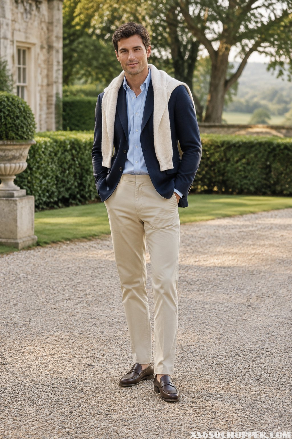A man stands on the grounds of a country estate.