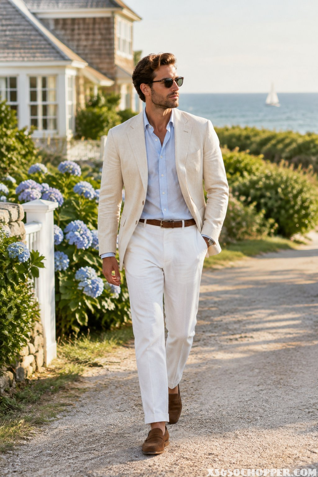 A man in a light blazer and white trousers walks along a coastal lane beside a seaside estate.