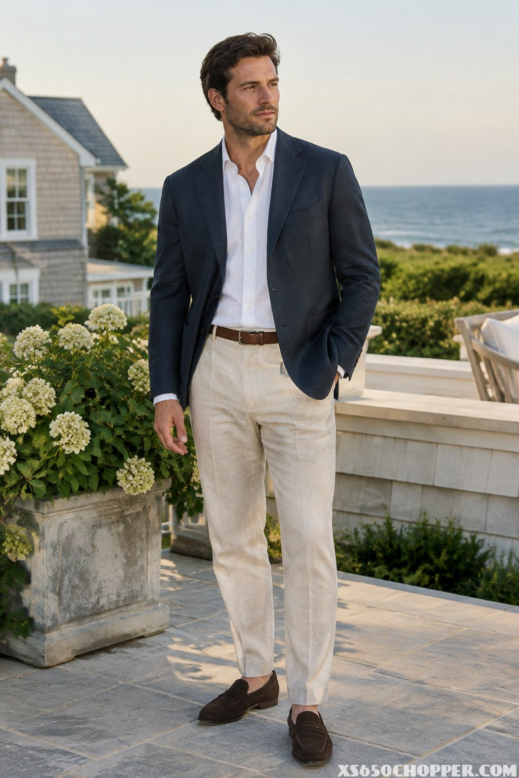 A man in a navy blazer, white shirt, and beige trousers stands on a sunny terrace.