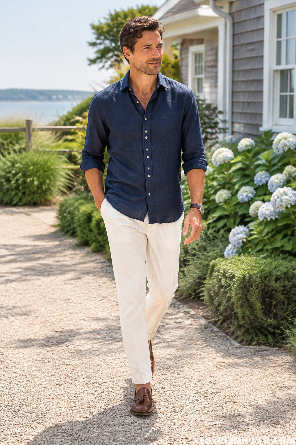 A man walks along a garden path wearing a navy shirt, cream trousers, and brown loafers.