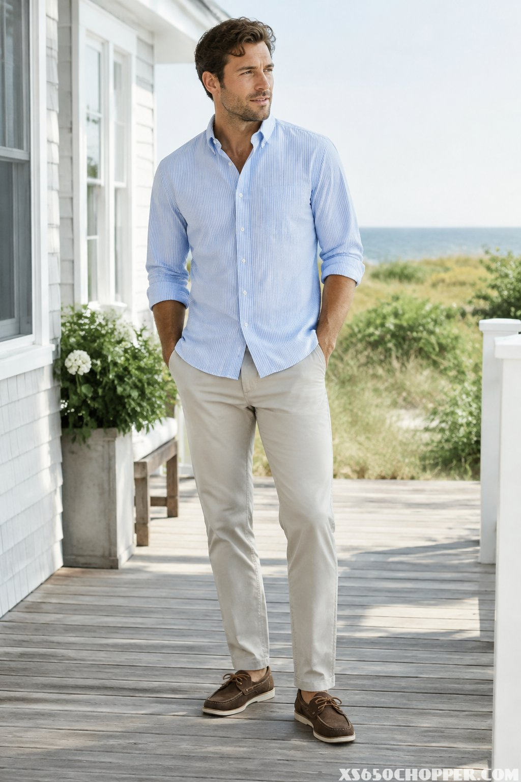 A man in a blue shirt, stone-colored trousers, and brown shoes stands on a sunny veranda.