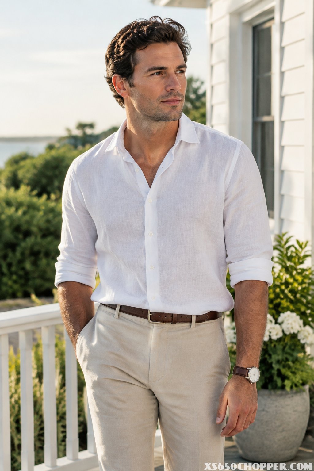 A man in a white shirt and beige trousers stands on a sunny porch.