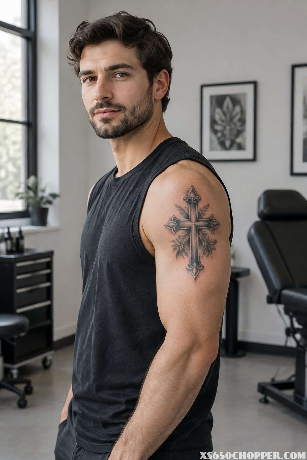 A man in a tattoo studio shows a cross tattoo on his upper arm.