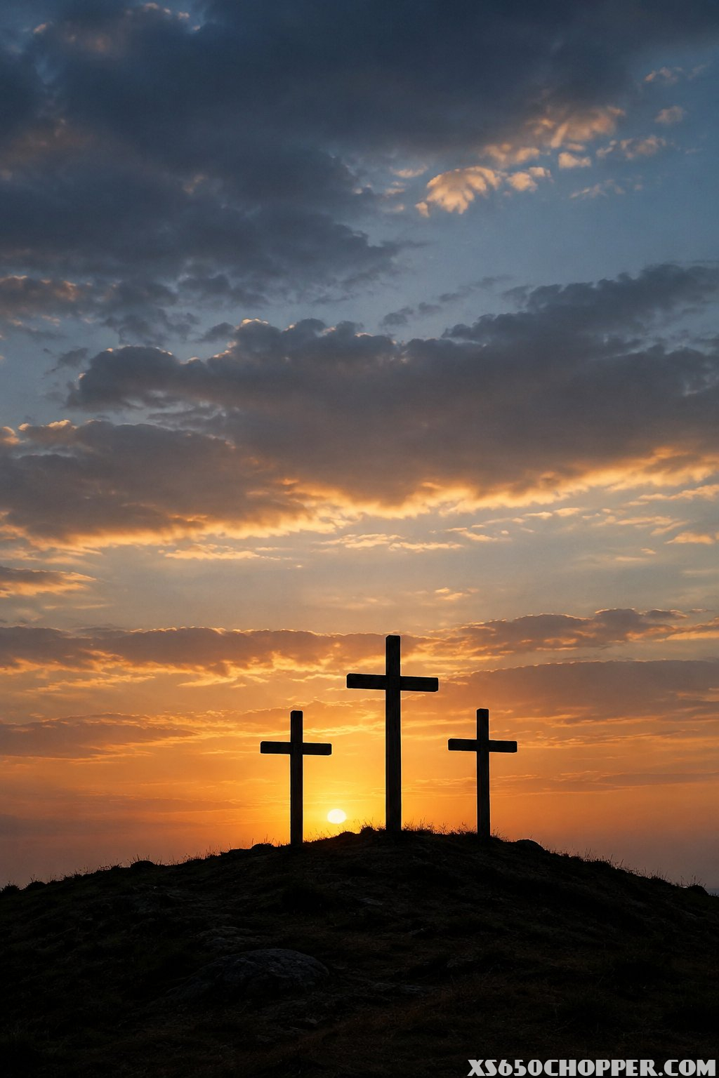 Three crosses stand silhouetted on a hill against the sky.