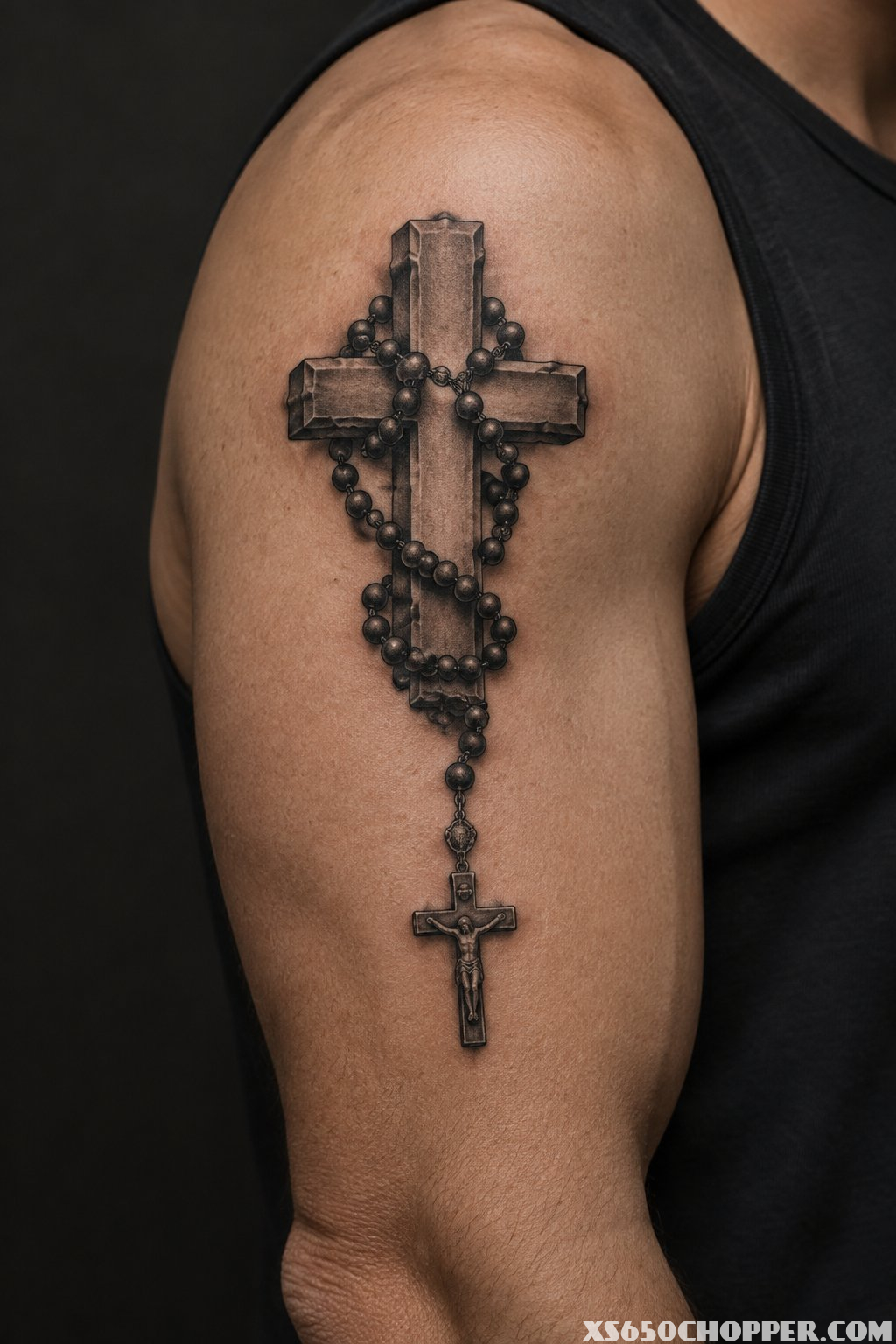 A cross wrapped with rosary beads tattooed on a man's upper arm.