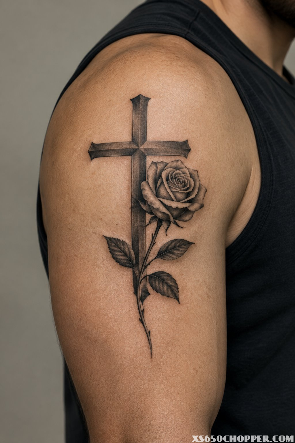 A man’s upper arm with a cross and rose tattoo.
