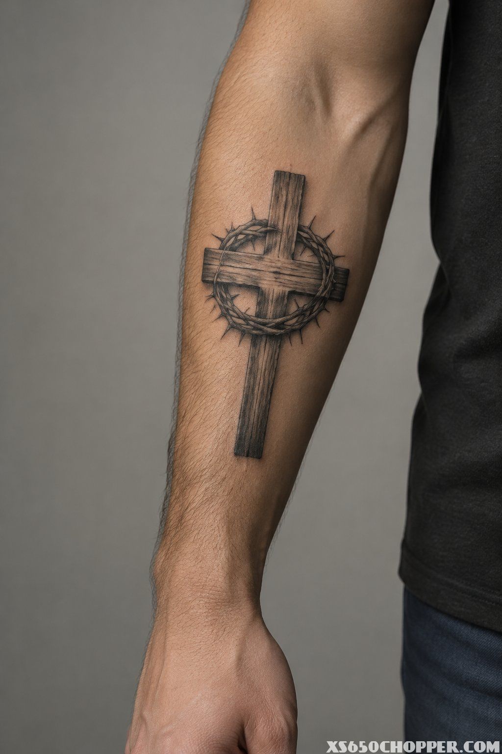 A forearm with a cross encircled by a crown of thorns.