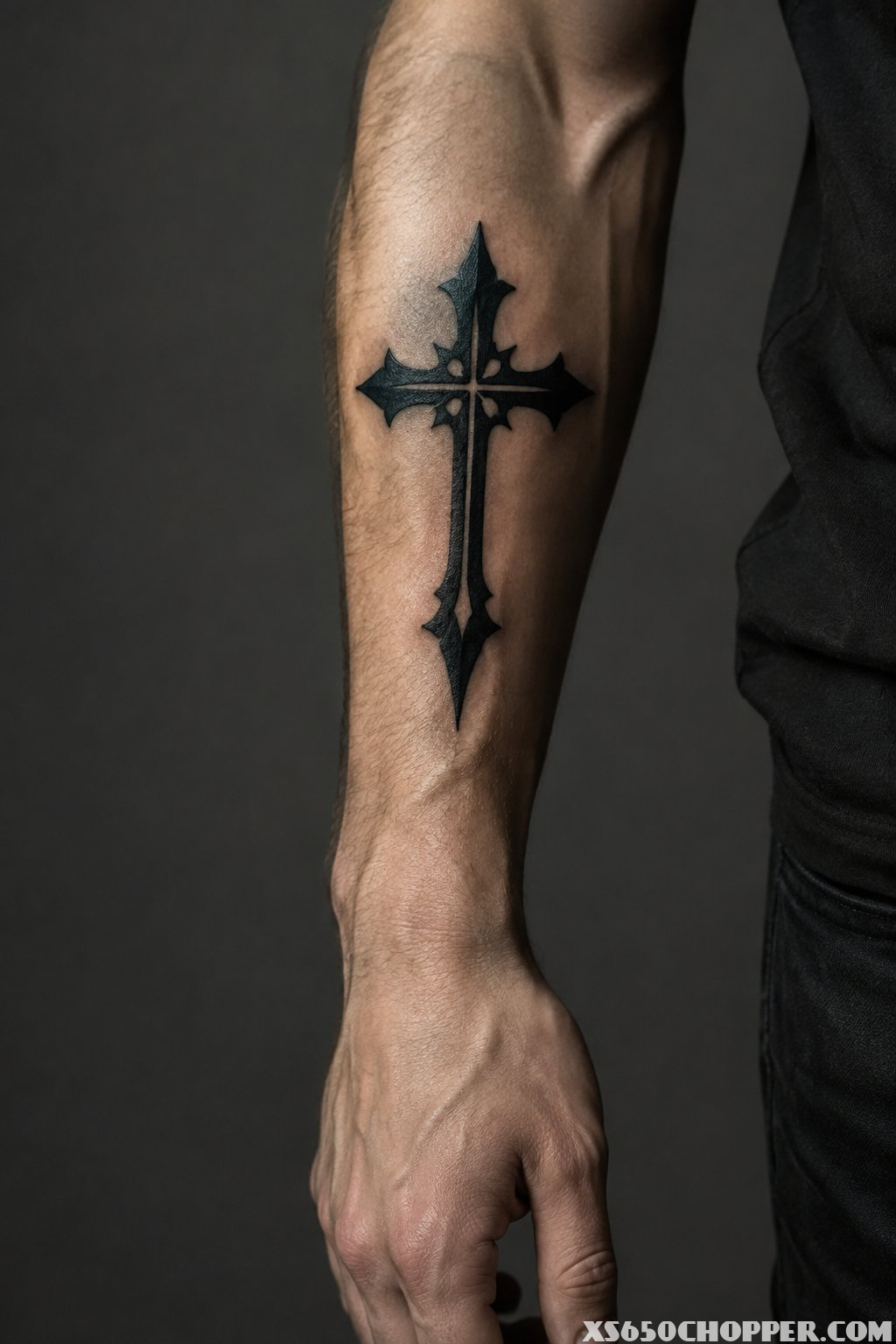 A person’s forearm displaying a black cross tattoo.