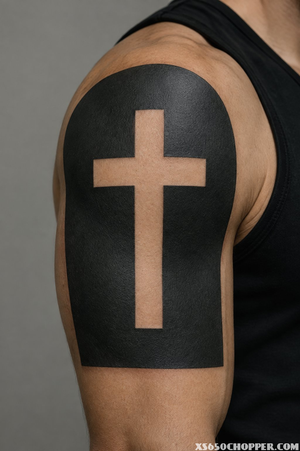 A man’s upper arm with a black tattoo forming a cross from uninked skin.