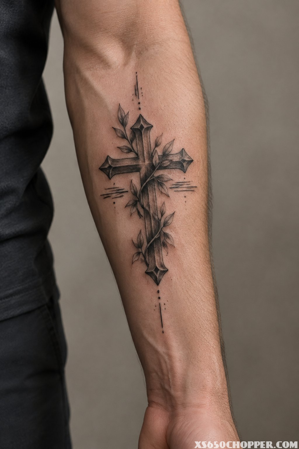 A man’s forearm with a memorial cross tattoo.