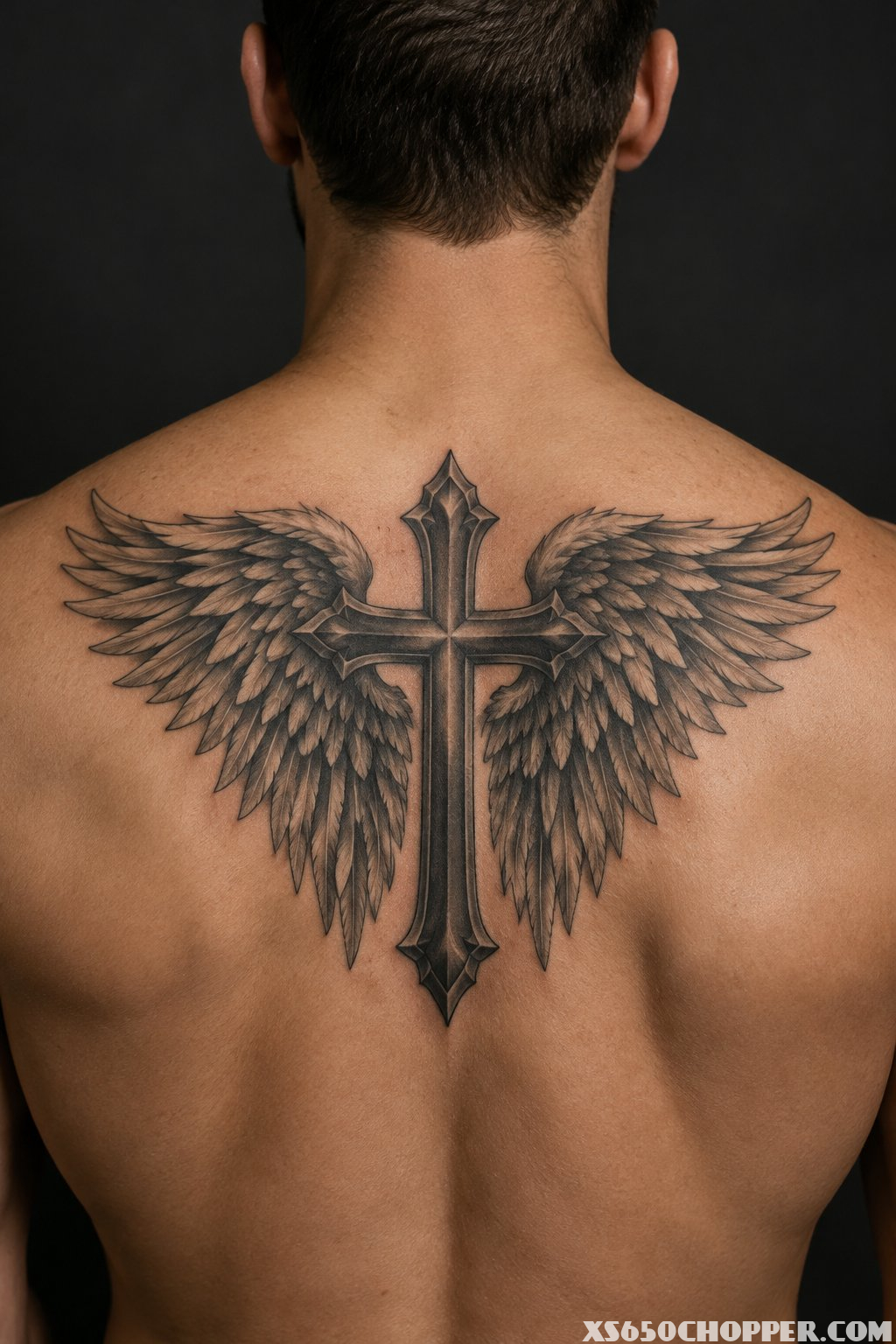 A man with a cross and angel wings tattoo centered on his upper back.