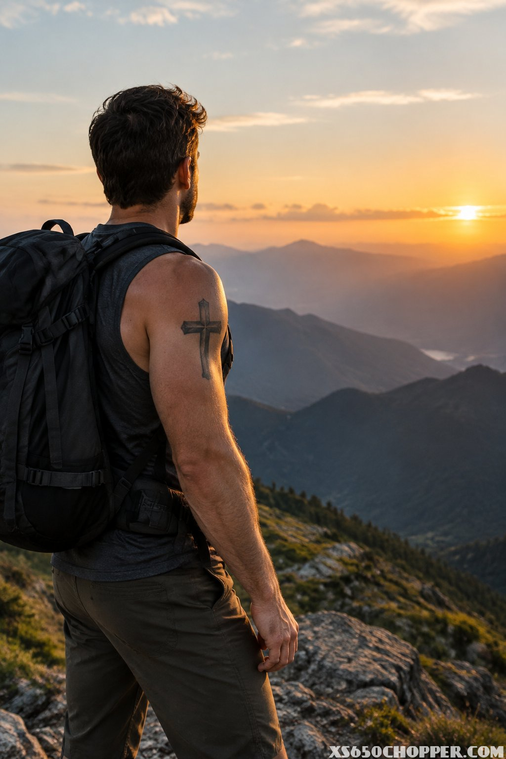 A hiker with a cross tattoo stands on a mountain ridge at sunrise.
