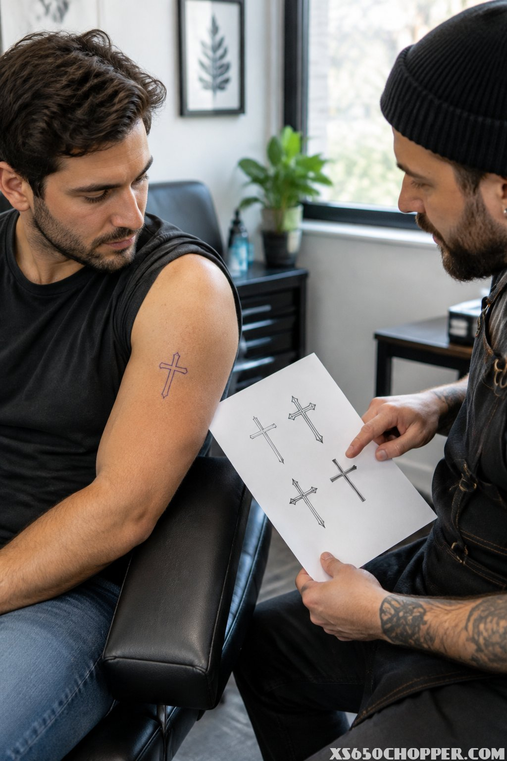 A man and tattoo artist discuss a cross tattoo design and placement.