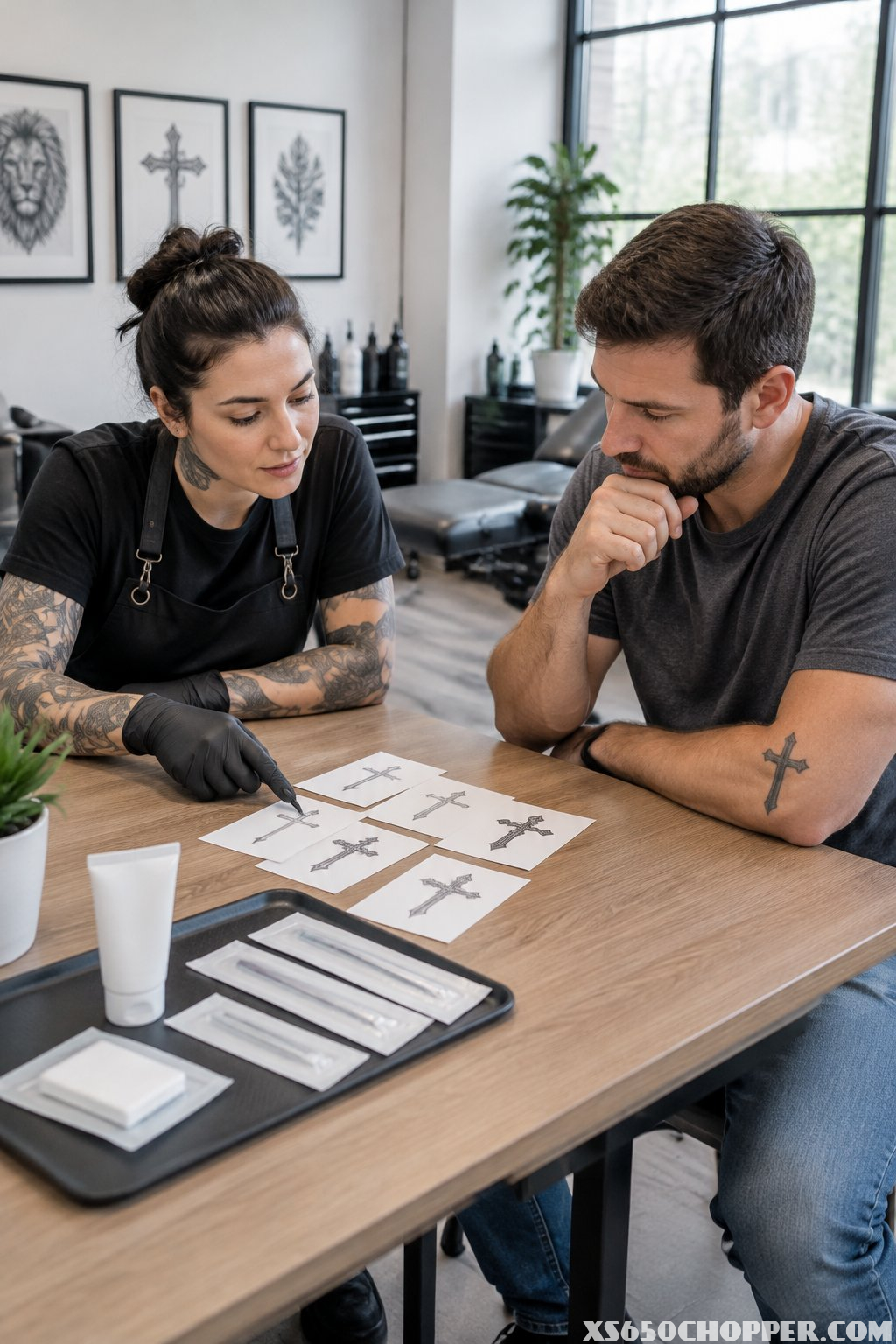 A man reviews cross tattoo designs with a tattoo artist at a studio table.