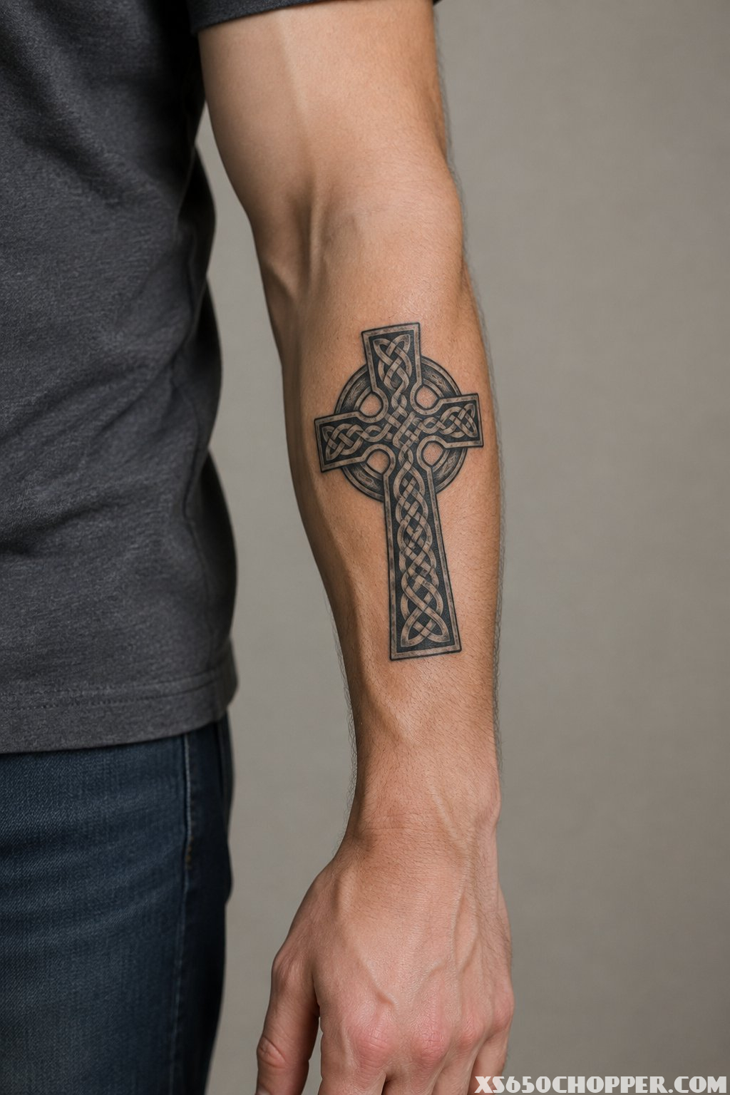 A man displays a Celtic knot cross tattoo on his outer forearm.