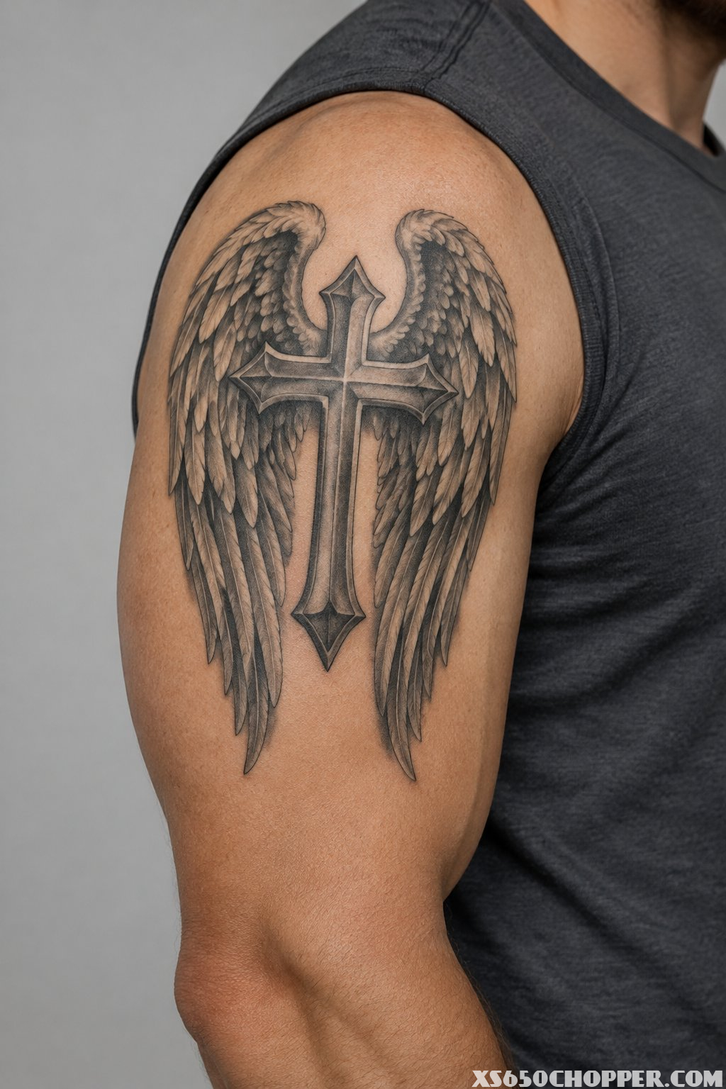 A man displays a cross tattoo with angel wings on his upper arm.