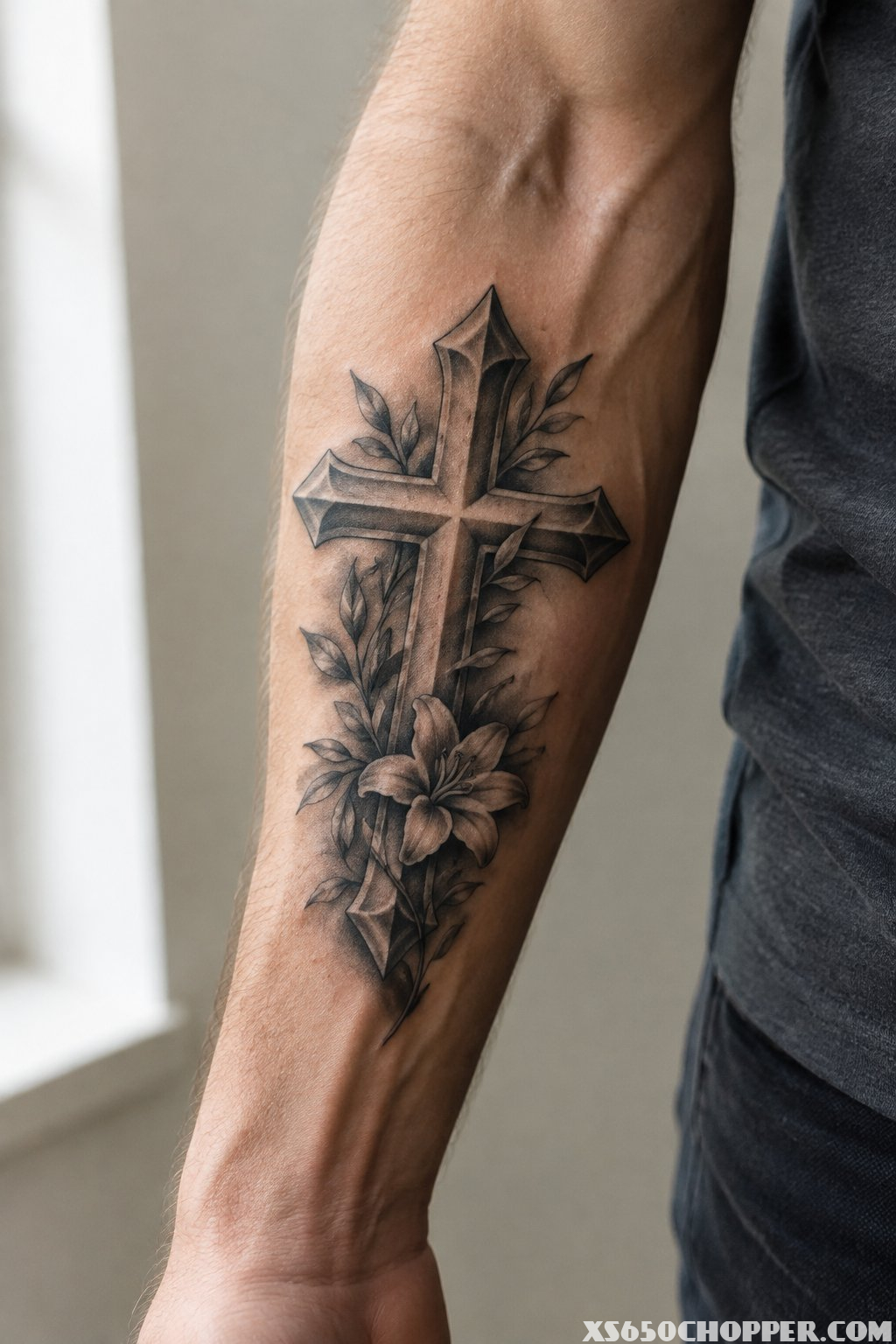 A man’s forearm with a black-and-gray cross tattoo.