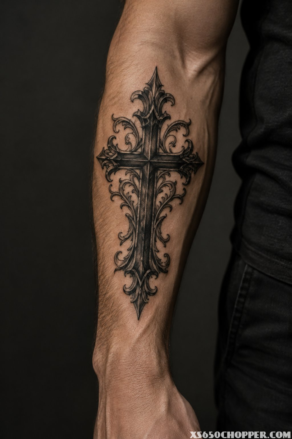 A man’s forearm with a gothic cross tattoo and ornamental edges.