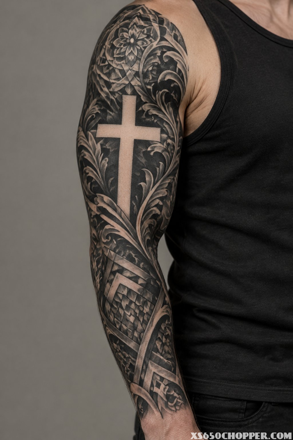 A man's arm with a cross-shaped area of uninked skin within a dark tattoo sleeve.