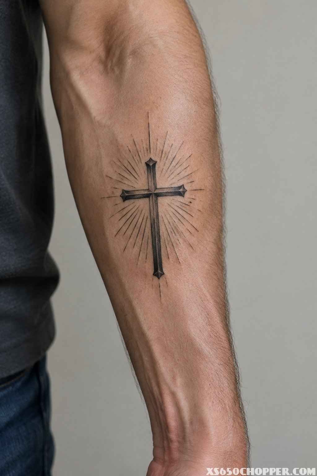 A man's forearm with a cross tattoo surrounded by fine rays.